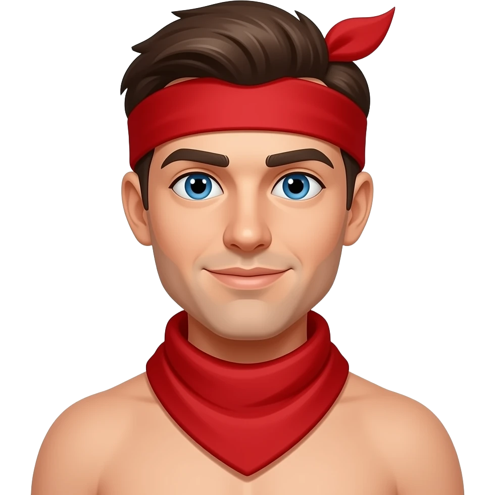 Hombre sin camisa pañuelo rojo en la cabeza y ojos azules emoji