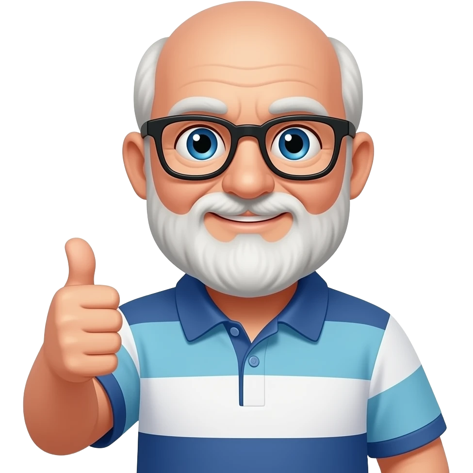 old bald man with white beard, blue eyes, black glasses, thumbs up, polo shirt emoji
