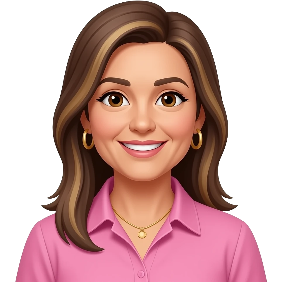 woman early 50s, dark brown eyes, long straight hair all with highlights one length with side parting, hoop earrings, necklace, pink collared shirt, slighlty tanned skin, open smile emoji