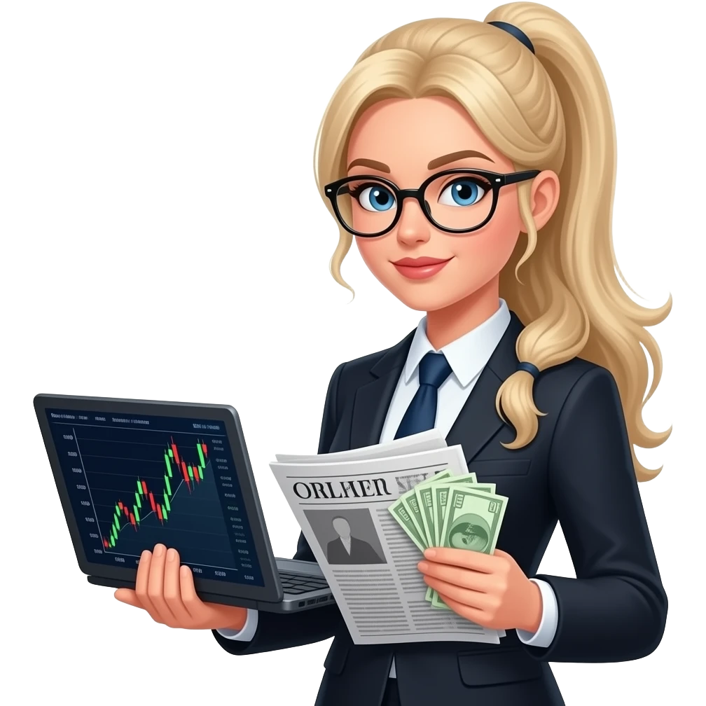 Sexy girl, blonde, side ponytail, blue eyes, slavic, glasses, business woman, newspaper, laptop with stock chart, cash emoji