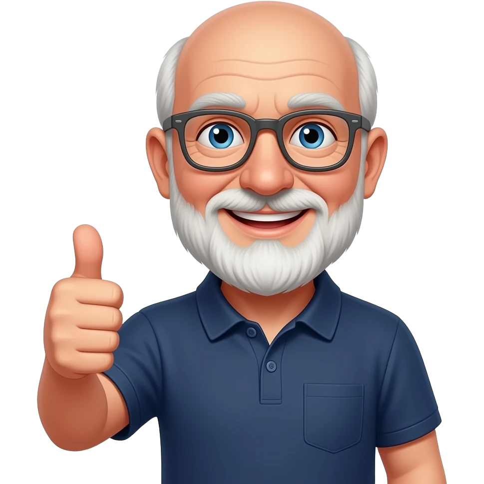skinny old bald man with white beard with red tint, blue eyes, dark gray glasses, thumbs up, navy polo shirt, smiling emoji