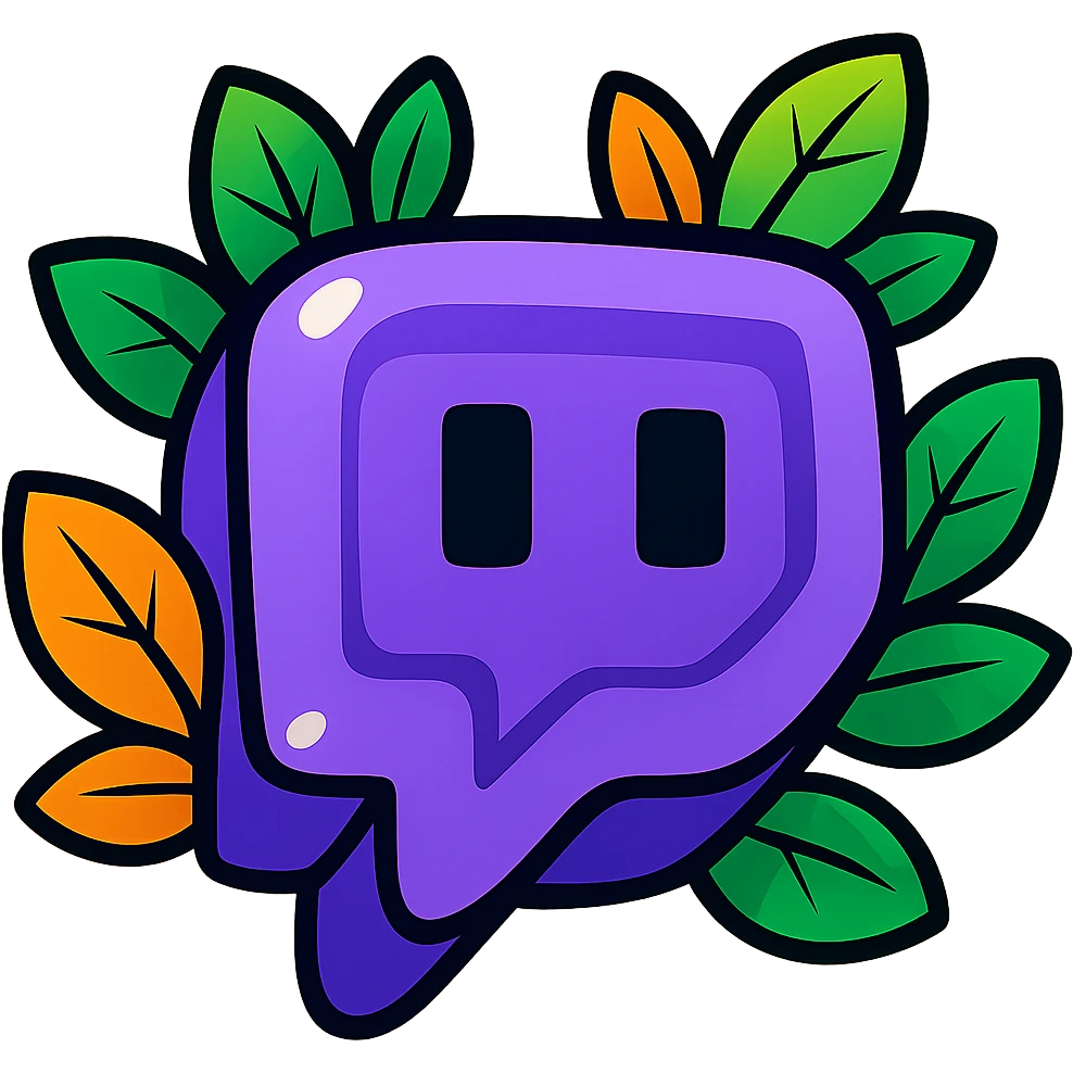 Plump, rounded Twitch logo in vibrant toon style with clear bold black outlines, sharp graphic solid shadows, and glossy highlights. No smooth gradients; shadows and highlights are solid and distinct, not soft or 3D. Emphasize a drawn, illustrated look with solid bright colors, no background, and bright vivid leaves around the logo. Shapes are even rounder and softer than the reference, flat and cartoonish, not realistic or balloon-like. emoji