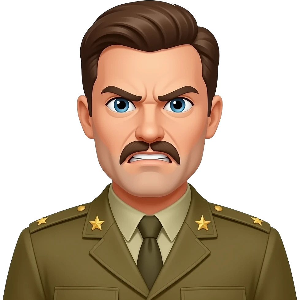 man with small rectangle mustache that looks angry, and he has khaki military uniform on with stars emoji
