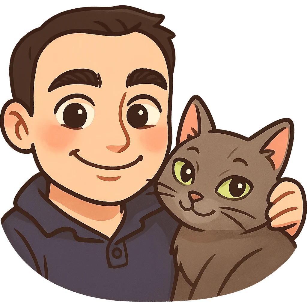 Transform this photo into an expressive cartoon emoji with a transparent background. Emphasize the cat and the warm, knowing expression shared between the human and the cat, capturing their close bond and complicity in a charming, stylized cartoon style. emoji