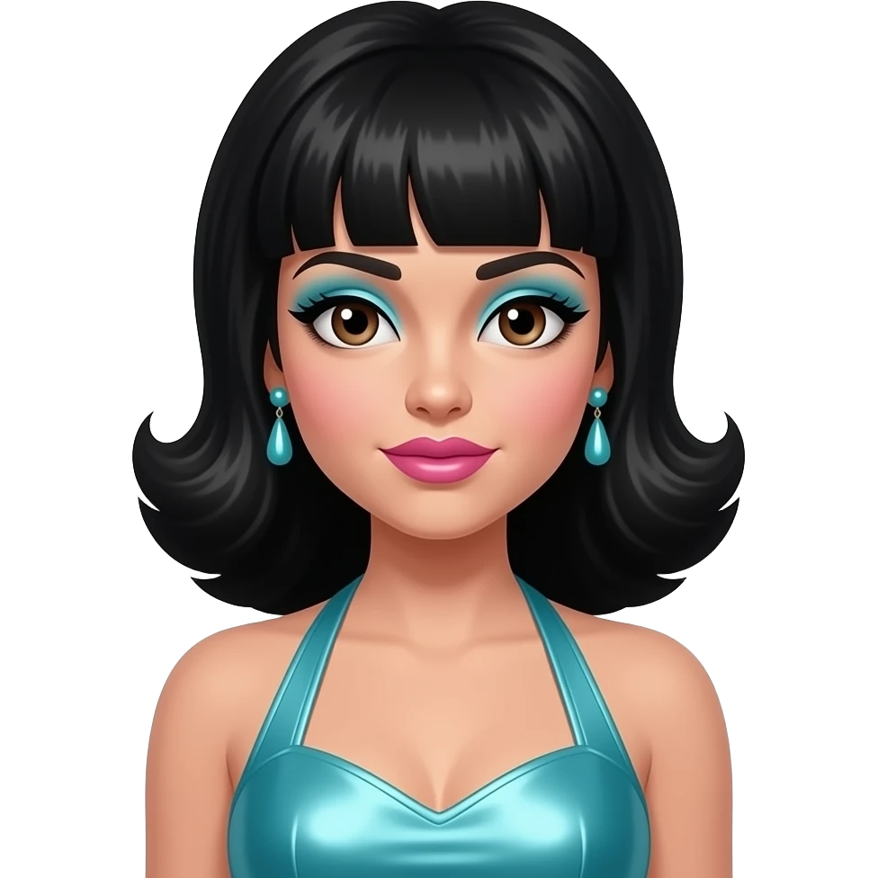 Cher with brown eyes, long black 60s beehive hair, cyan eyeshadow, pink lipstick, cyan metallic halter dress, cyan earrings emoji