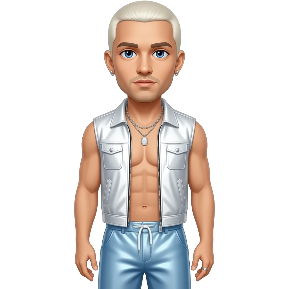Eminem with white-blonde buzz cut hair, blue eyes, white metallic vest, light blue metallic baggy loose pants, shirtless with necklace and earrings emoji