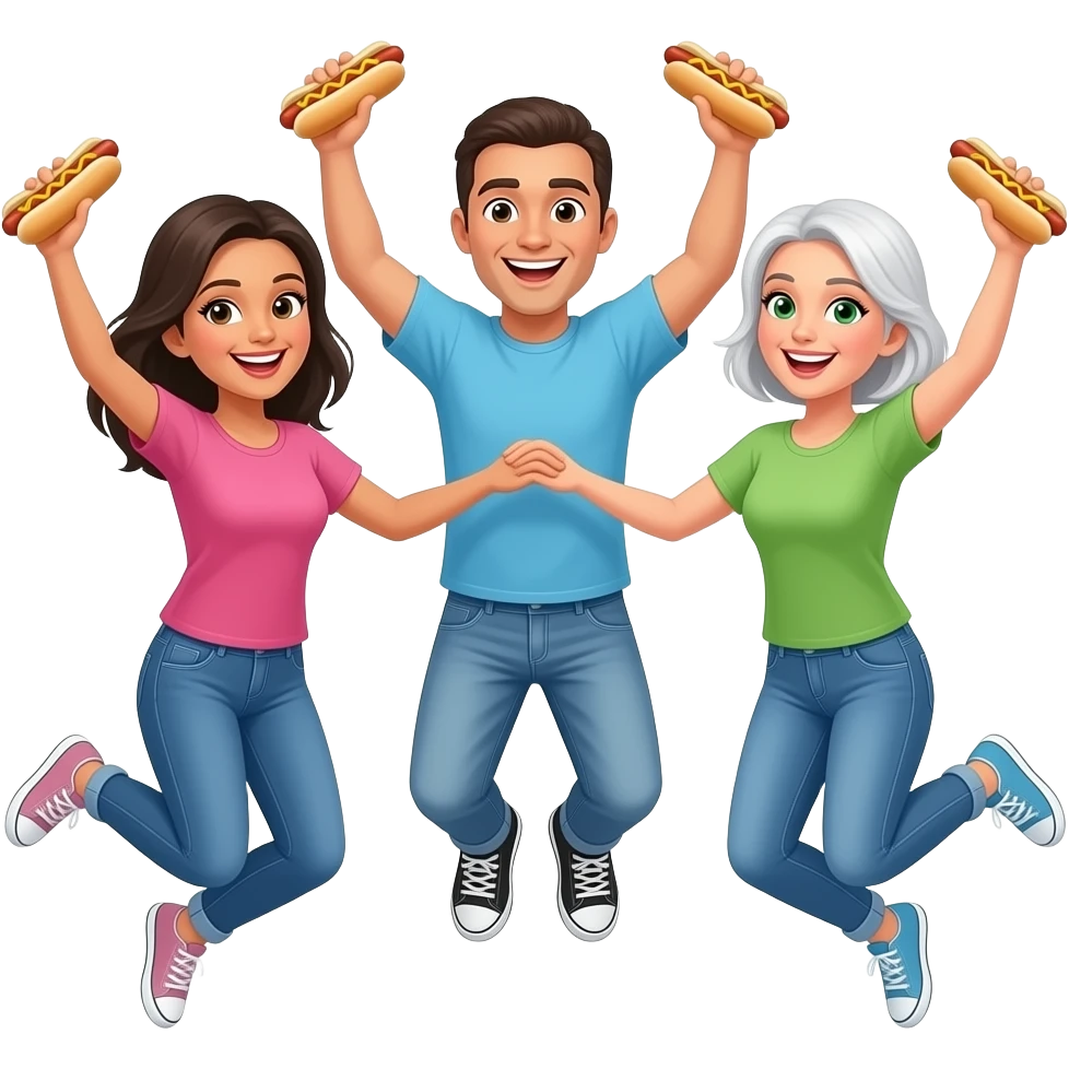 Mexican woman with dark hair and white man with shaved head and white woman with green eyes and white gray hair all of which are wearing jeans and different color t shirts jumping for joy with hot dogs emoji