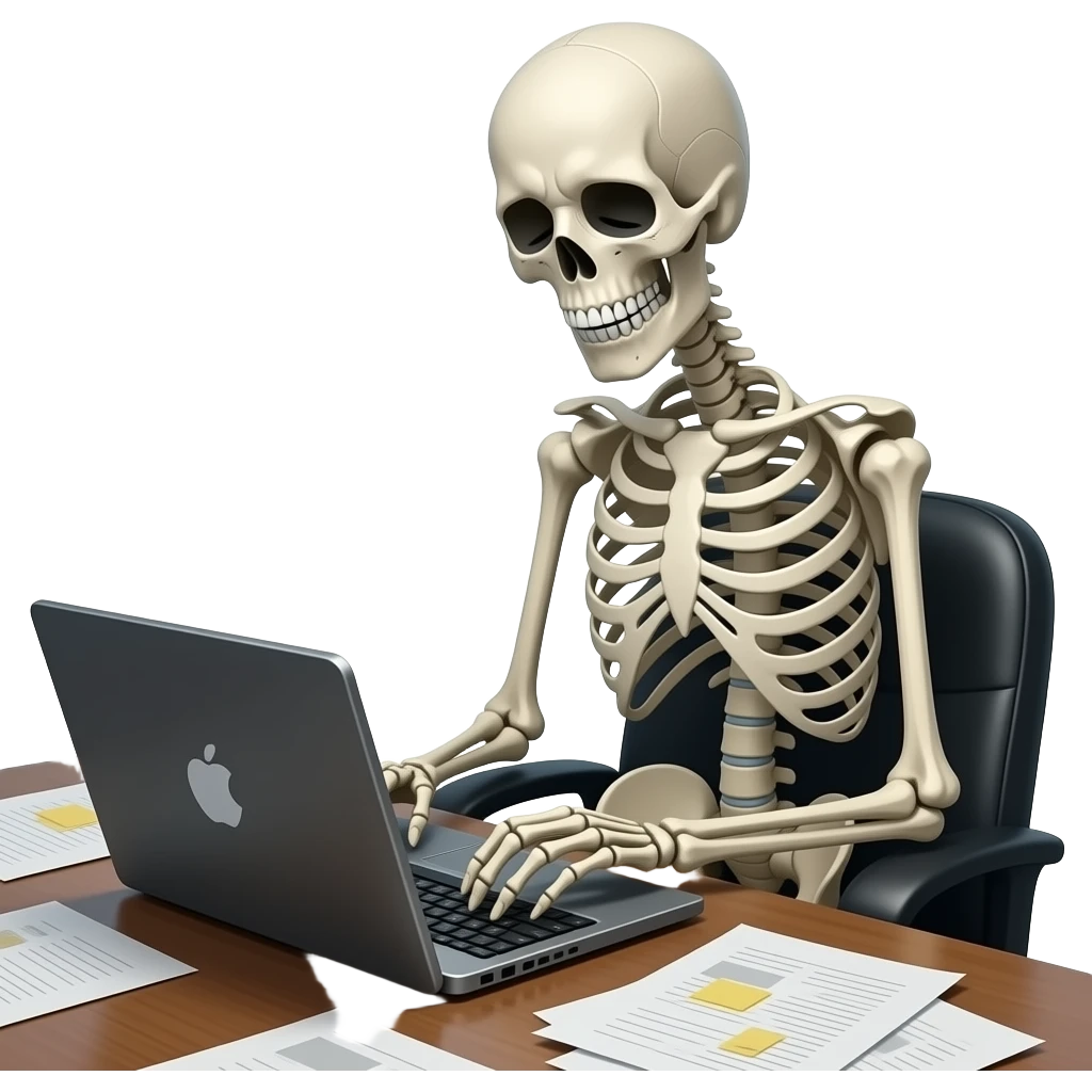 A skeleton sitting at the desk with a laptop, looking exhausted, waist and up view emoji