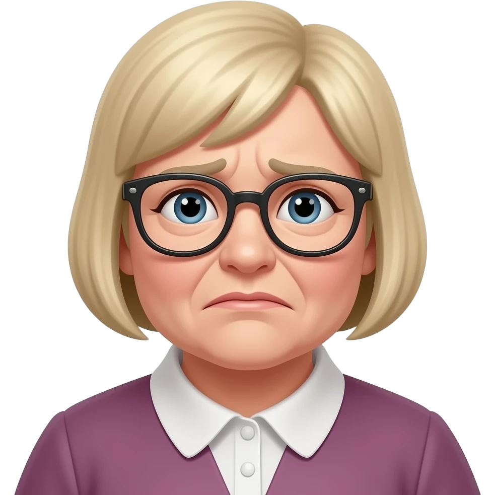 chubby old woman, short pixie blonde hair and glasses, worried emoji