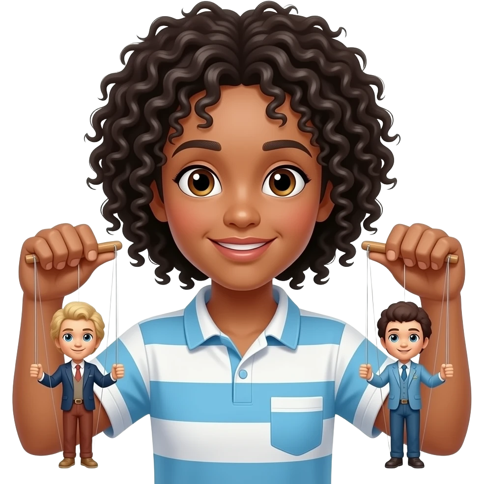 Una persona dai ricci afro, pelle colore bianco con  le sue marionette emoji