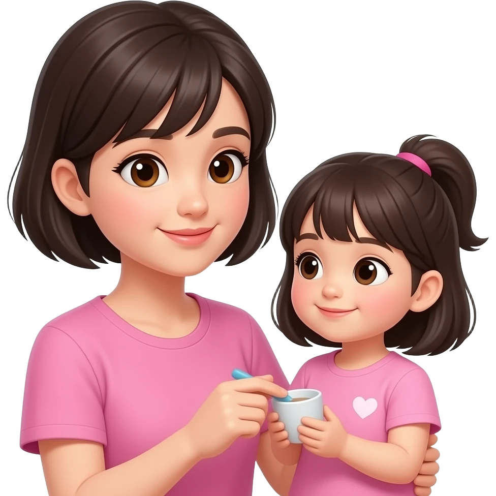 chica de cabello oscuro y corto, sin accesorios, ojos cafes y  ropa rosa, jugando con su hija pequeña en casa emoji