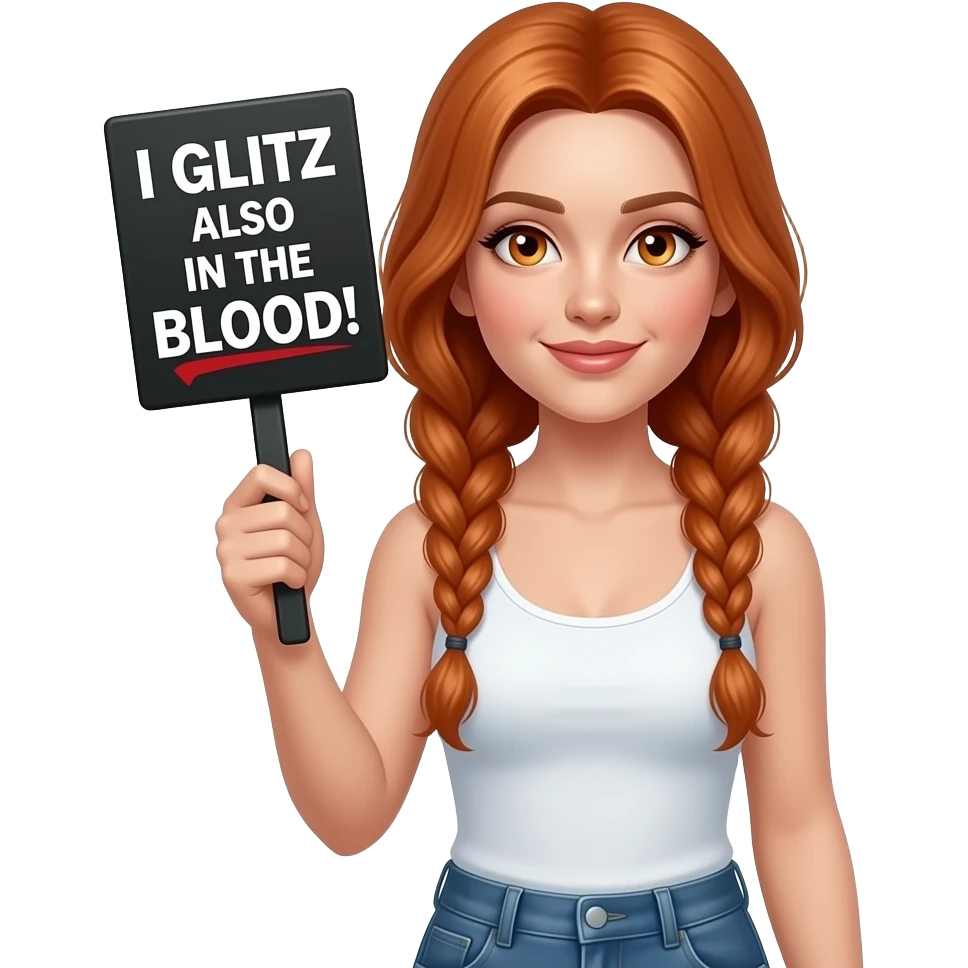 sexy girl with long ginger braids and ginger eyes wearing a white tanktop is holding a black sign with ICH GLITZER AUCH IM SCHLAMM! written on it emoji