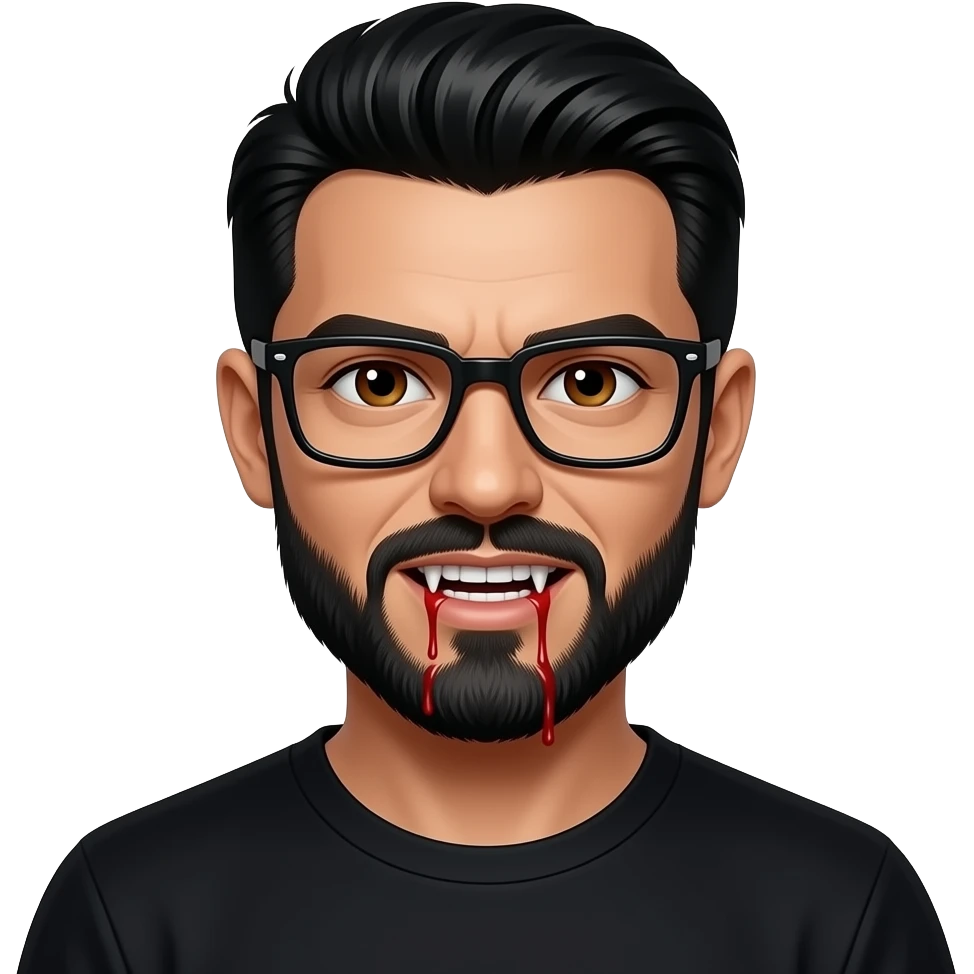 black slick back hair, tan skin, black beard, with square glasses, brown eyes, black tee shirt,  dracula teeth with blood dripping on mouth emoji