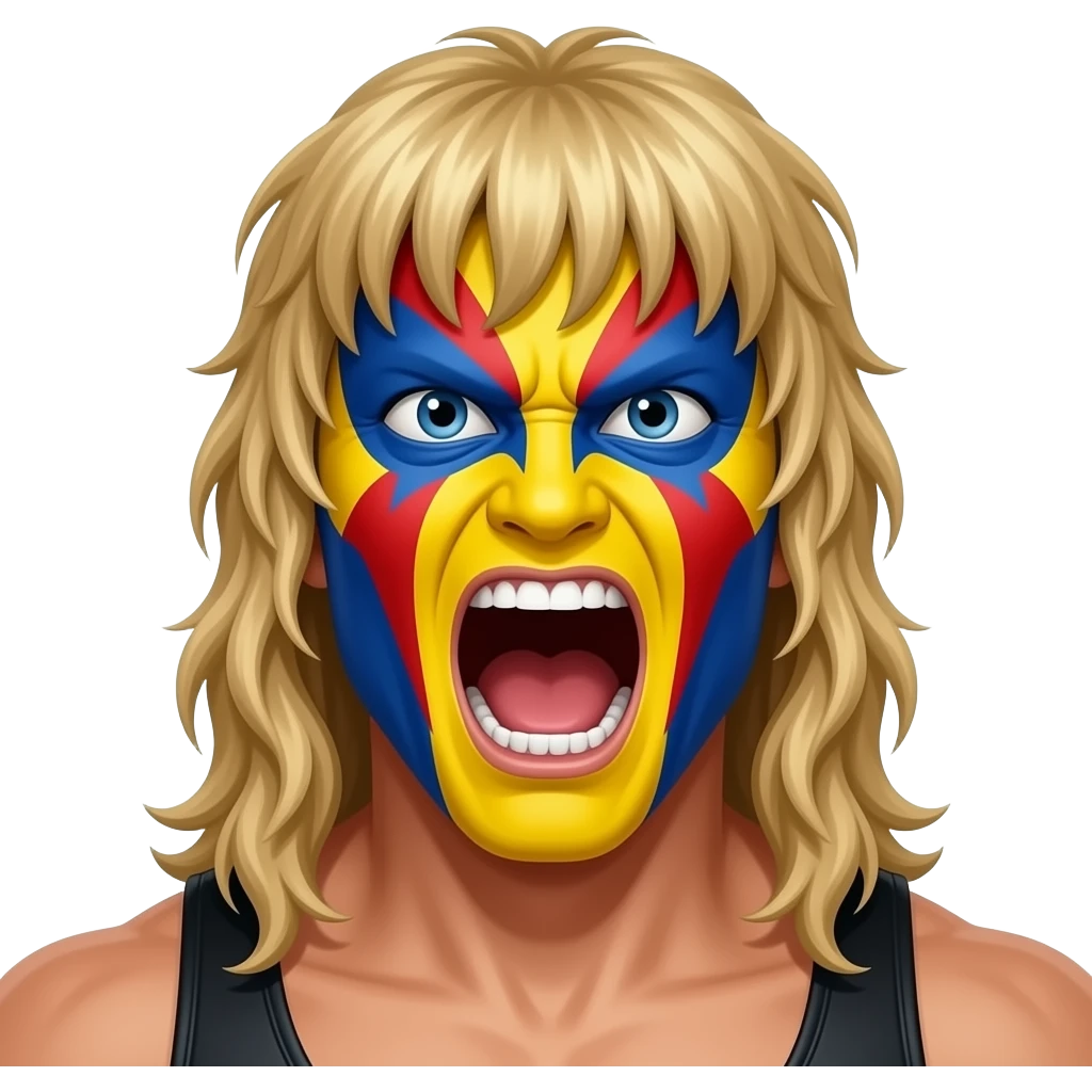 ultimate warrior wrestler with yellow red and blue warrior face paint, long dirty blonde hair with bangs and screaming emoji