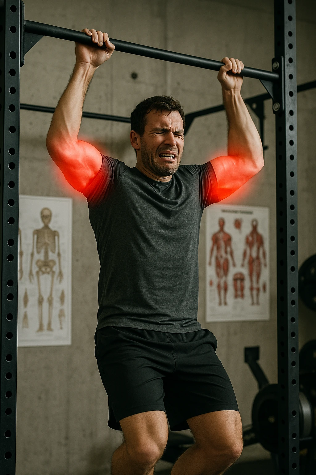 a man in athletic wear esegue una trazione alla sbarra in palestra. I suoi gomiti sono evidenziati con un alone rosso acceso o un effetto glow, indicando infiammazione. Un’espressione di dolore è visibile sul suo volto. Sullo sfondo, attrezzi da palestra e poster anatomici. L’atmosfera è educativa e realistica. emoji