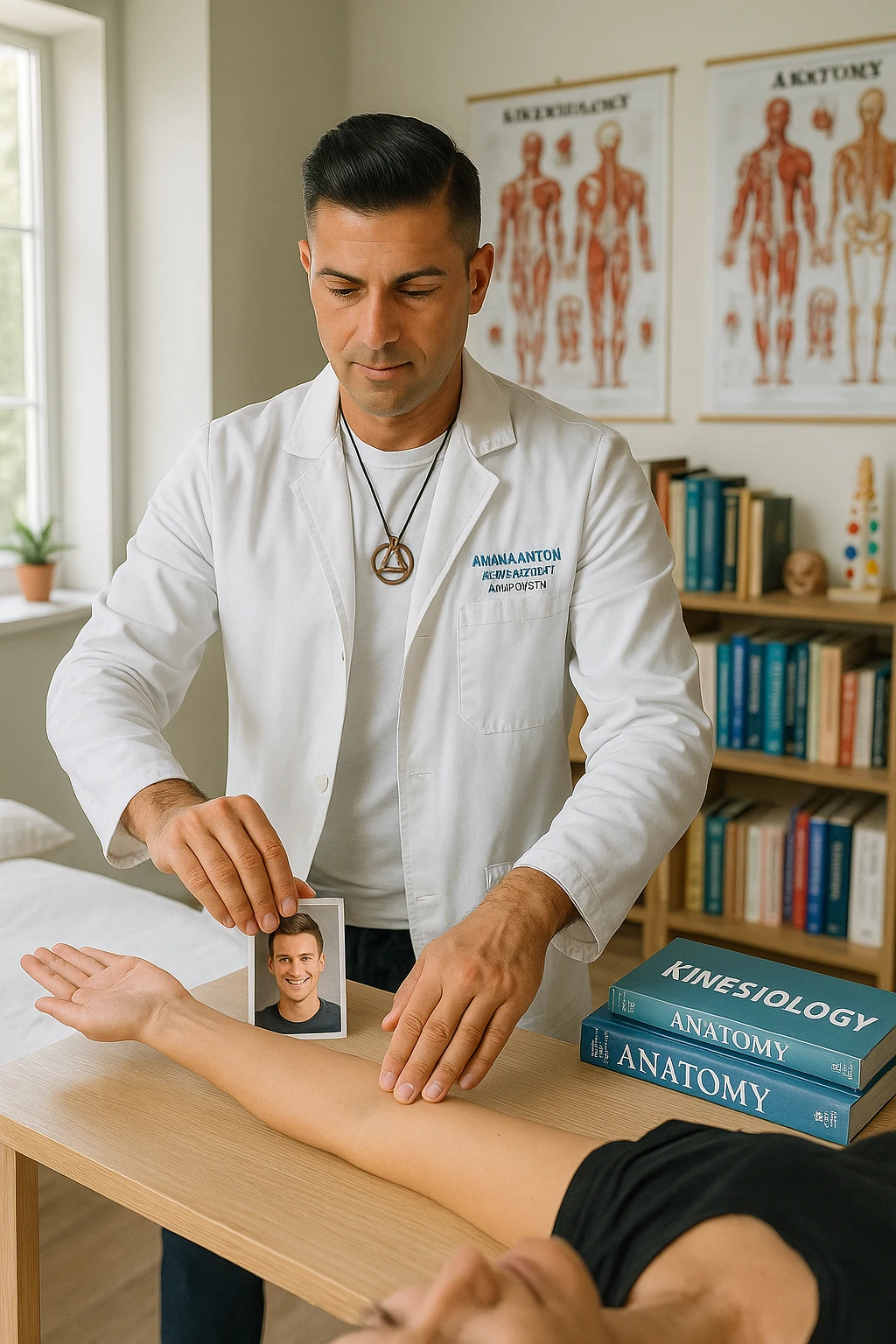 a middle-aged man, dressed in casual professional attire, is in a bright, organized therapy studio. Durante una visita di kinesiologia, il praticante tiene con una mano la foto di una persona lontana (il “testimone”) appoggiata su un tavolo, mentre con l’altra mano esegue un test muscolare su un cliente presente. Sullo sfondo si vedono libri di kinesiologia, poster anatomici e strumenti tipici della disciplina. L’atmosfera è concentrata e serena, con luce naturale che entra dalla finestra, sottolineando l’aspetto alternativo e umano della pratica. emoji