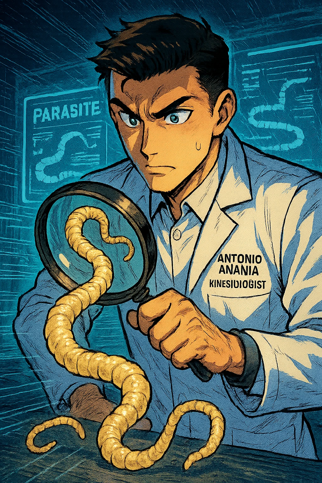 A dynamic manga/webtoon-style illustration of a young male kinesiologist wearing a clean white lab coat, analyzing light beige worms like a tapeworm under a magnifying glass. His expression is focused and slightly intrigued, with sharp, detailed eyes. The art style is vibrant, with bold linework, rich colors, and dramatic lighting. The background is a futuristic laboratory with glowing holographic screens displaying parasite data. The tapeworm is intricately drawn, slimy and segmented, with a slightly exaggerated yet realistic texture. The composition is dynamic, with motion lines or energy effects to emphasize his scientific investigation. The atmosphere is intense but not dark, keeping a balance between scientific seriousness and stylish manga aesthetics, he has "ANTONIO ANANIA" WRITTEN ON WHITE LAB COAT emoji