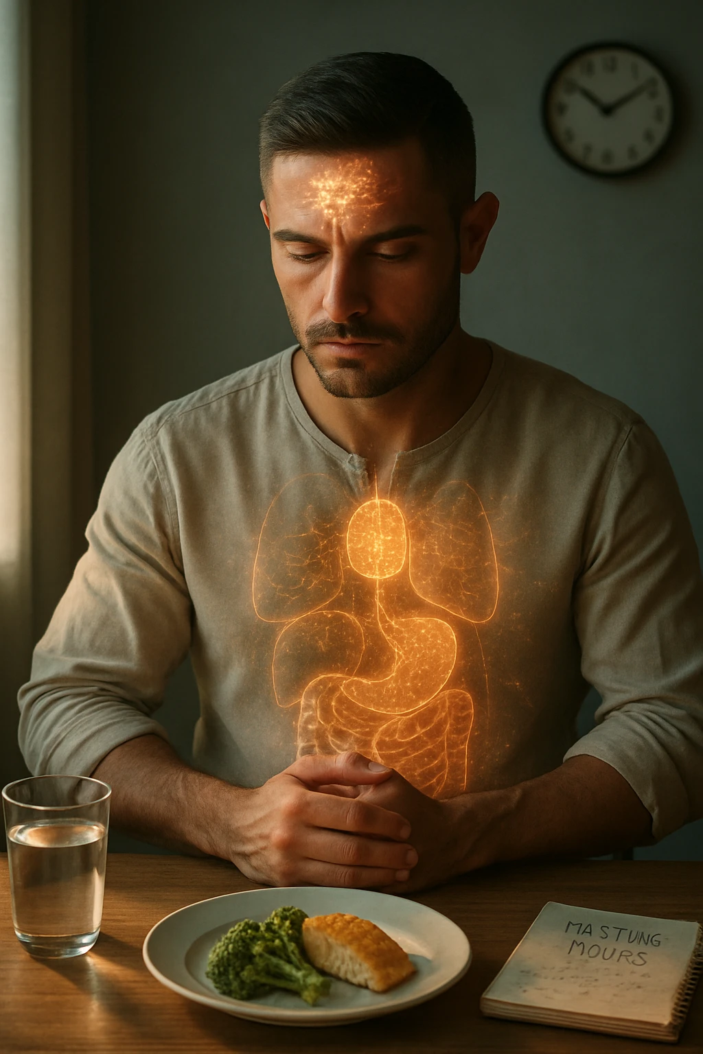 A cinematic close-up of a focused man in his mid-30s with slight beard and tired but determined eyes, sitting alone at a simple wooden table with an untouched plate of food in front of him. His hands are clasped, fingers interlocked in a meditative position over his lower abdomen, symbolizing willpower and internal balance. He wears a lightweight natural fiber shirt, sleeves rolled up. The lighting is soft and natural, early morning light coming from a nearby window. Around him, visual cues of cellular regeneration — faint glowing patterns subtly overlaying his body, especially near the liver, gut, and brain, suggesting autophagy and deep healing. The room is minimalist: a glass of water, a notebook with fasting hours, and a clock in the background ticking calmly. The tone is serene, intentional, and deeply introspective. Shot in 35mm cinematic style, warm highlights and clean shadows. emoji