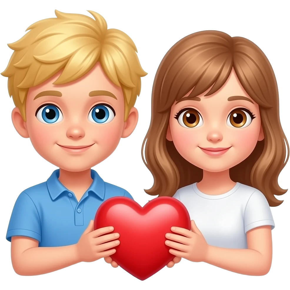 Make a boy with blonde hair and blue eyes and a girl with light brown hair with brown eyes hold a heart emoji