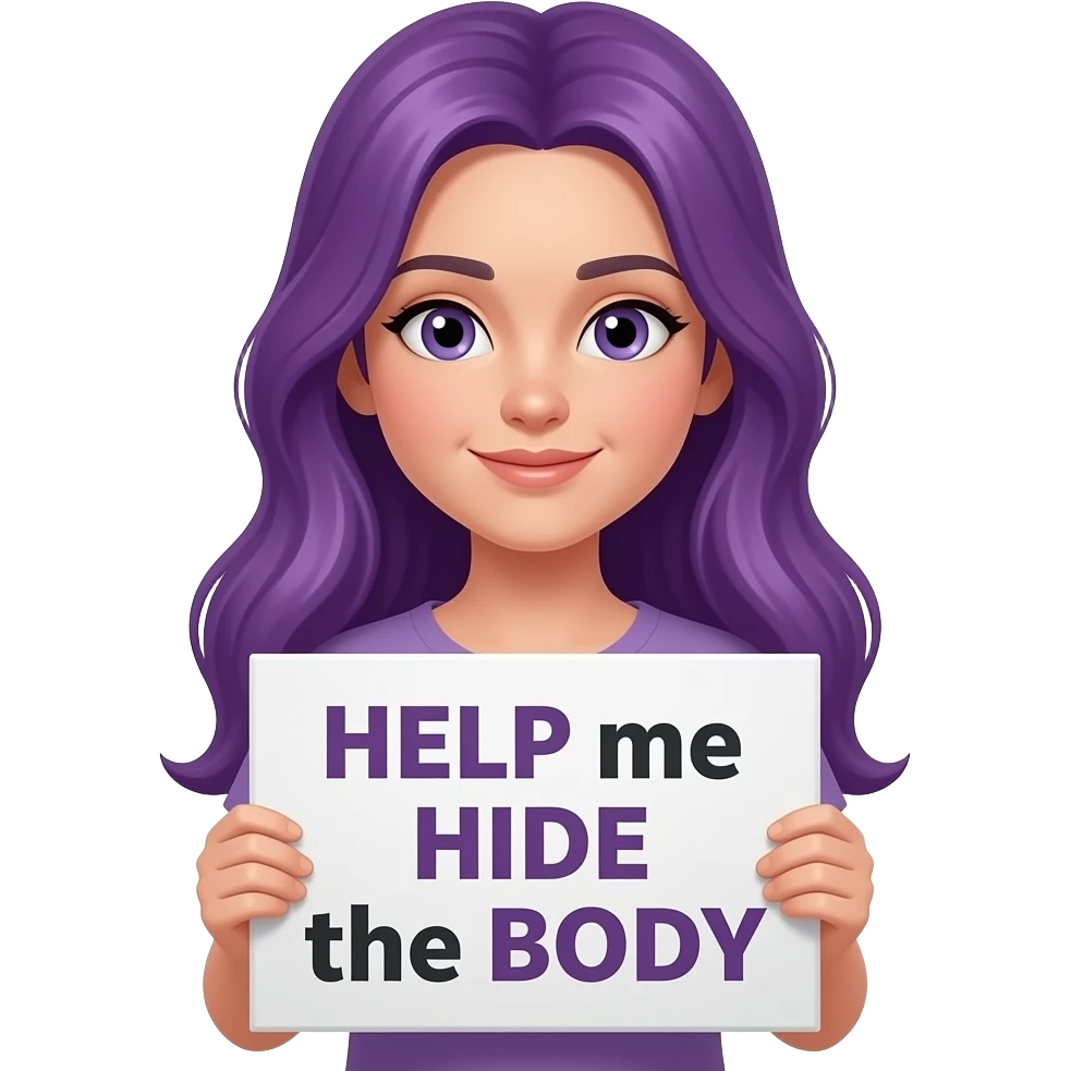girl with long purple hair holding a HELP me HIDE the BODY sign emoji