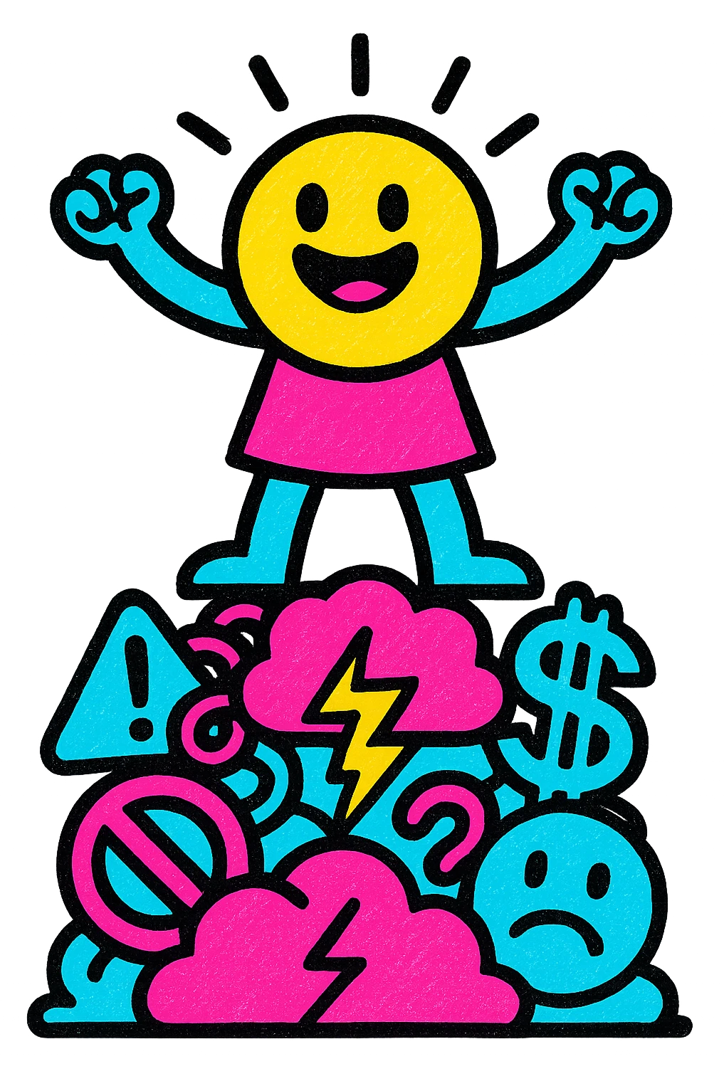 A surreal image of a day overcoming everyday problems. The day is depicted as a bright, colorful character standing on top of a pile of problems, looking triumphant. emoji
