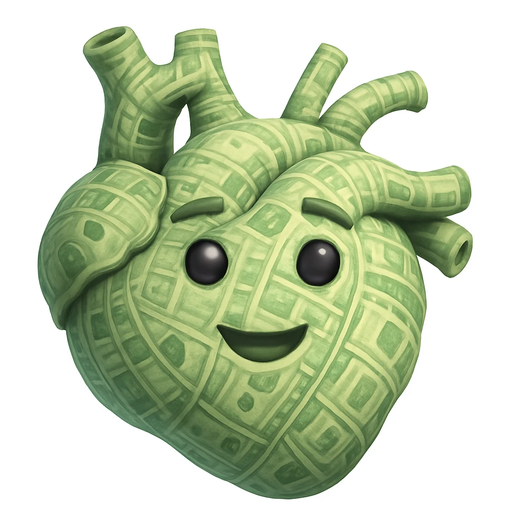 Make the heart look even richer and more voluminous, shaped like a realistic anatomical heart, made of money, memoji style, playful and expressive, 3D look, soft shading, no text emoji