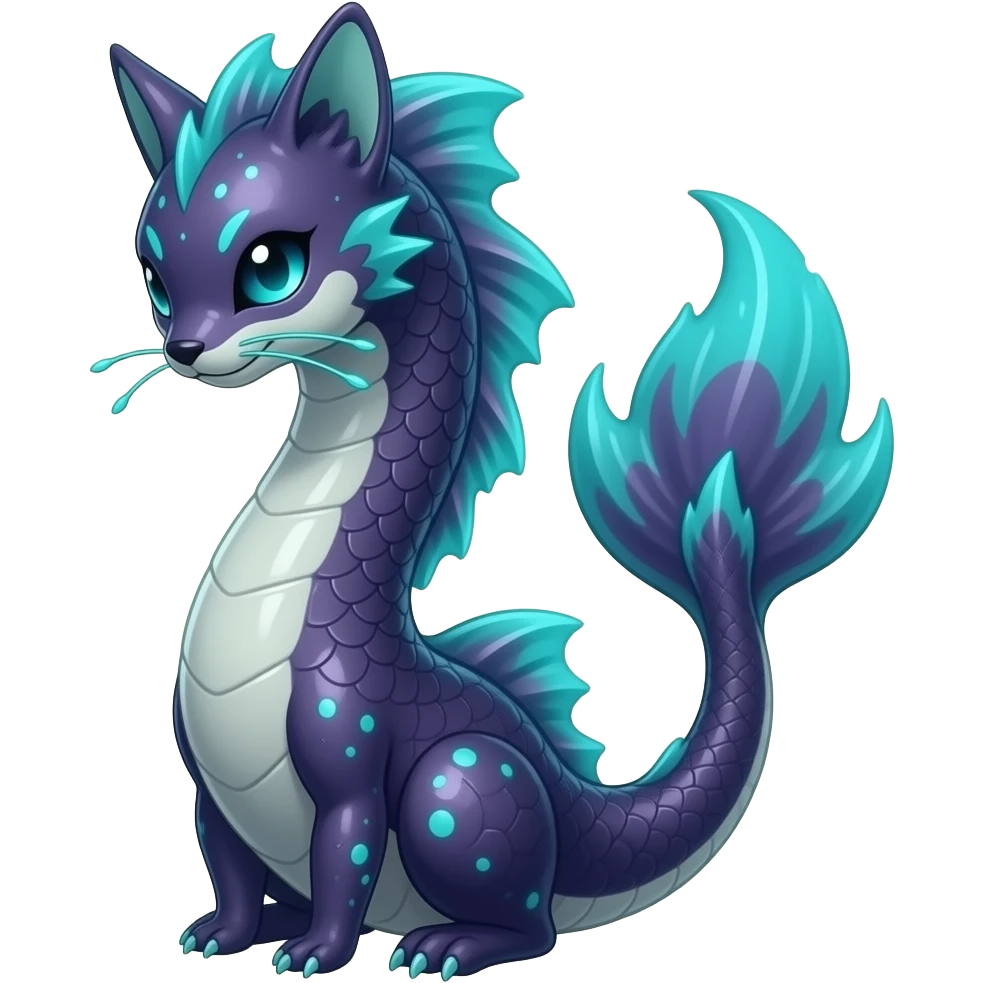 Long-bodied tall scaly slim smooth shiny glossy mature bioluminescent oil-dark, purplish, neon-cyan-accented, finned, abyss-fantasy-Lykoi-Bambino-Vaporeon-Umbreon-Civet-Fakémon-fusion, with thin neon-glowing bulb-whiskers, koi-piebald-flecked full body emoji