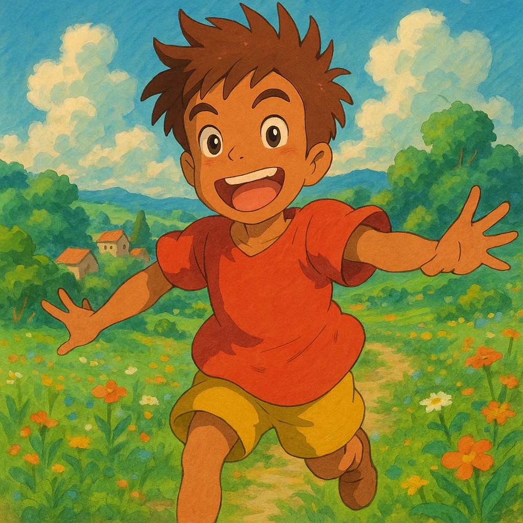 Segmia boy, energetic expression, ghibli style emoji