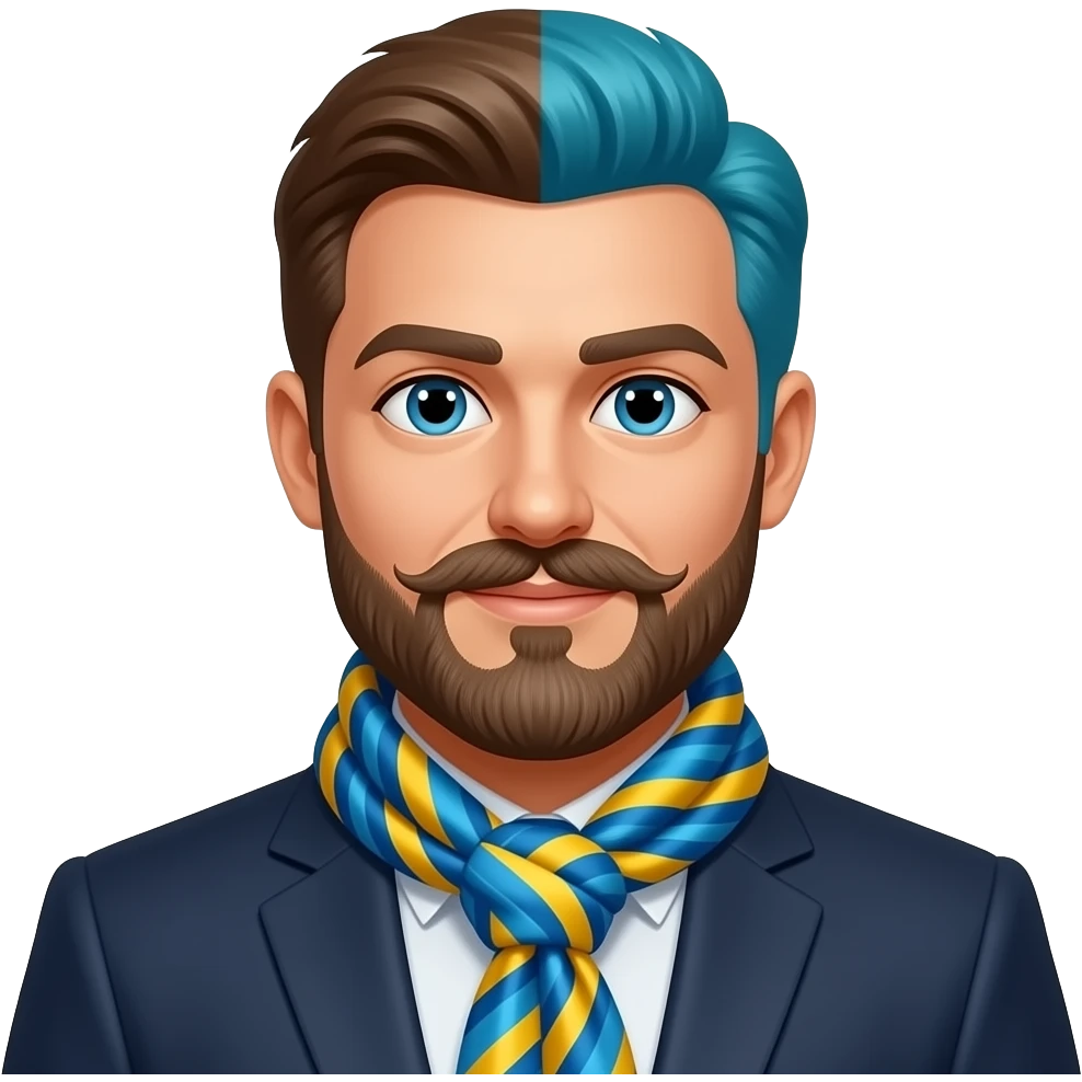 a business with long mustache wear a neck scarf her hairs color change scarf color into vibrant blue and yellow  mehroon emoji