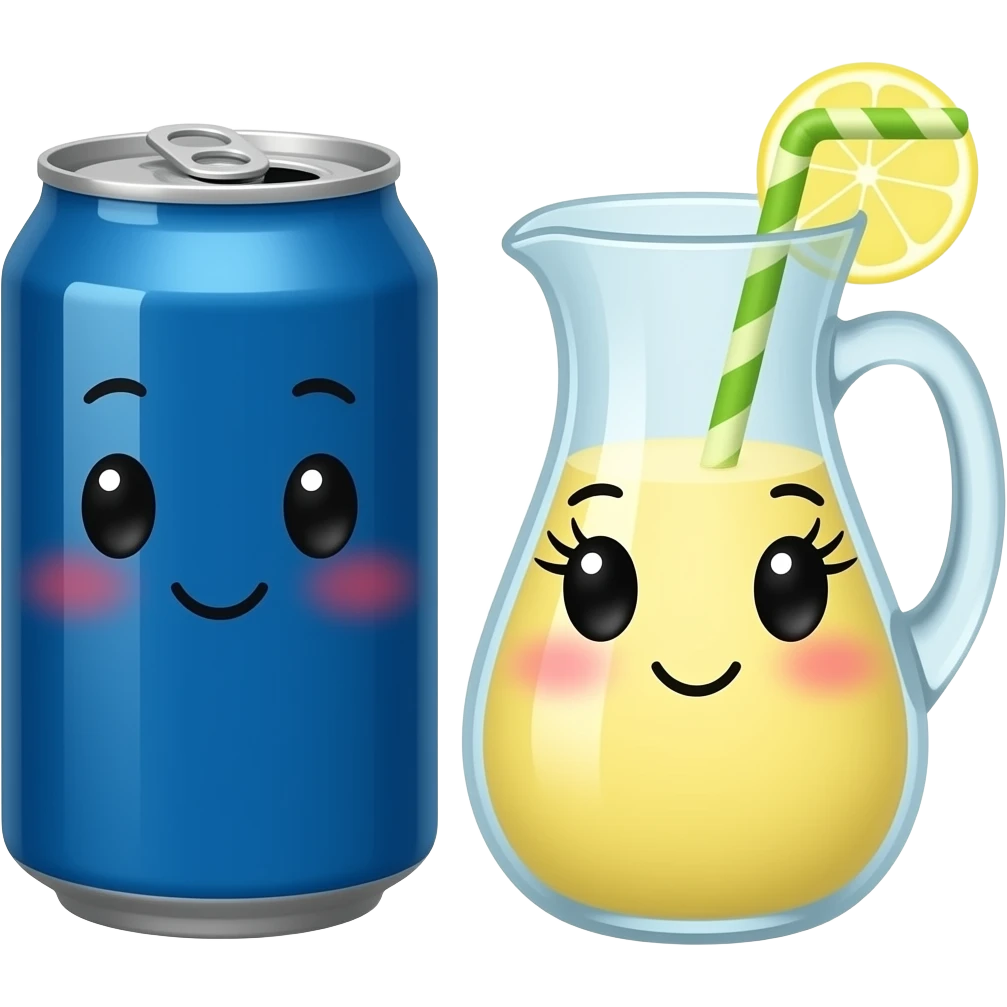 A plain blue soda can with a cute face without eyelashes and a fat pitcher of lemonade with a cute face with eyelashes emoji