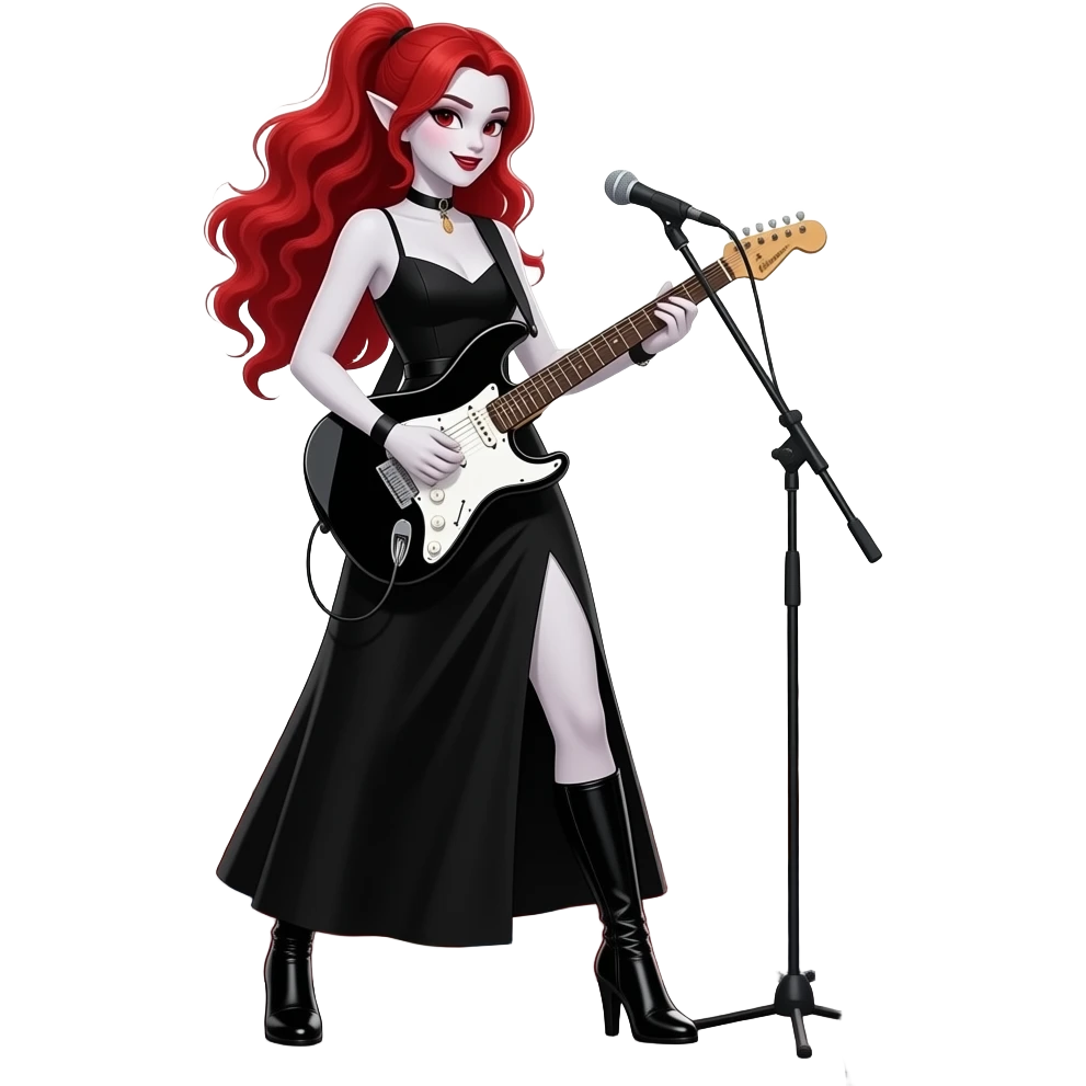Vampiro femmina ADOLESCENTE con pelle bianca e capelli rosso ondulati lunghi raccolti in una mezza coda che indossa un vestito  lungo fino ai piedi nero e stivali lunghi con tacco neri che sta suonando una chitarra su un palco davanti a un sacco di fan emoji