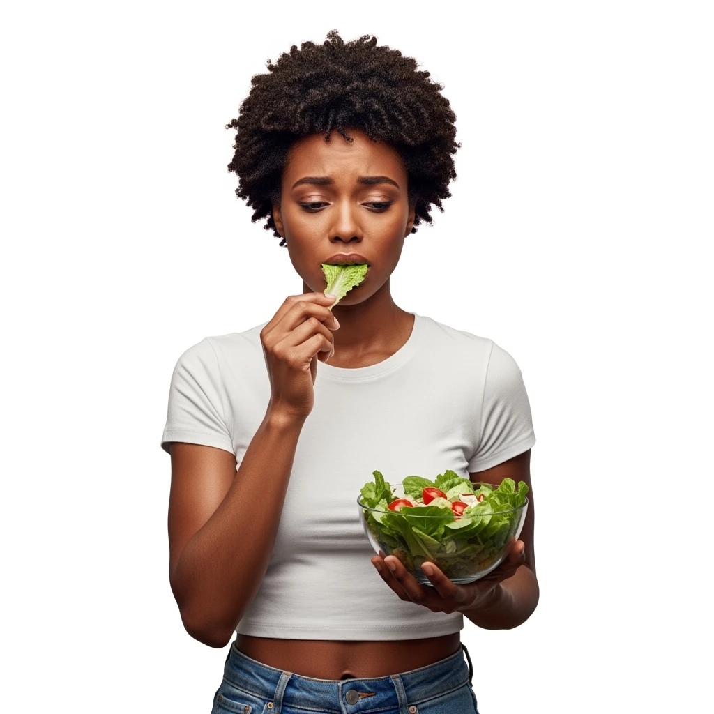 DONNA FITNESS CON INSALATA IN MANO MENTRE TIENE UNA FOGLIA DI INSALATA IN BOCCA CON ESPRESSIONE TRISTE, iperrealistico 4k, ISOLATA SU SFONDO BIANCO emoji