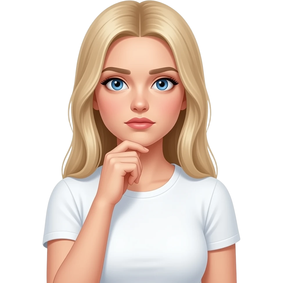 ragazza russa bionda occhi azzurri capelli lisci lunghi, seno prosperoso pensierosa perplessa con mano sotto il mento maglietta bianca emoji