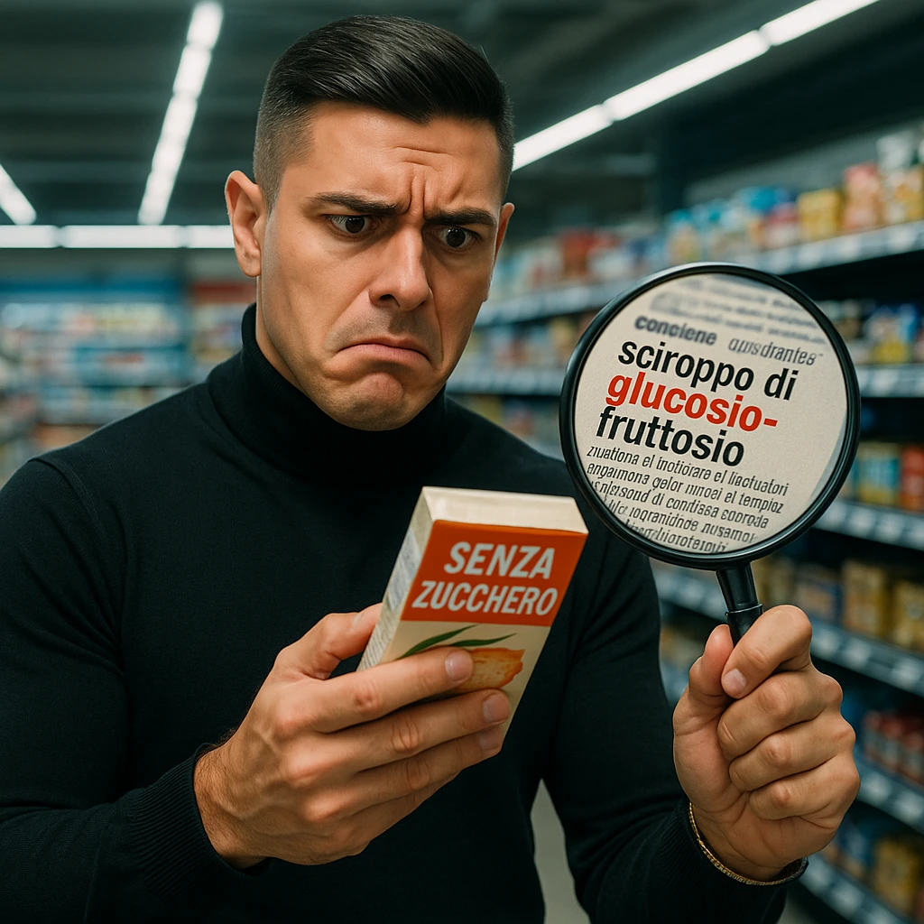 A man resembling the reference image in a supermarket, holding a product labeled 'SENZA ZUCCHERO'. The ingredient list on the product reveals 'sciroppo di glucosio-fruttosio' in bold red letters. His face shows confusion. A magnifying glass floats nearby, enlarging the deceptive small print. Hyper-realistic style, harsh fluorescent lighting. Variant 1. emoji