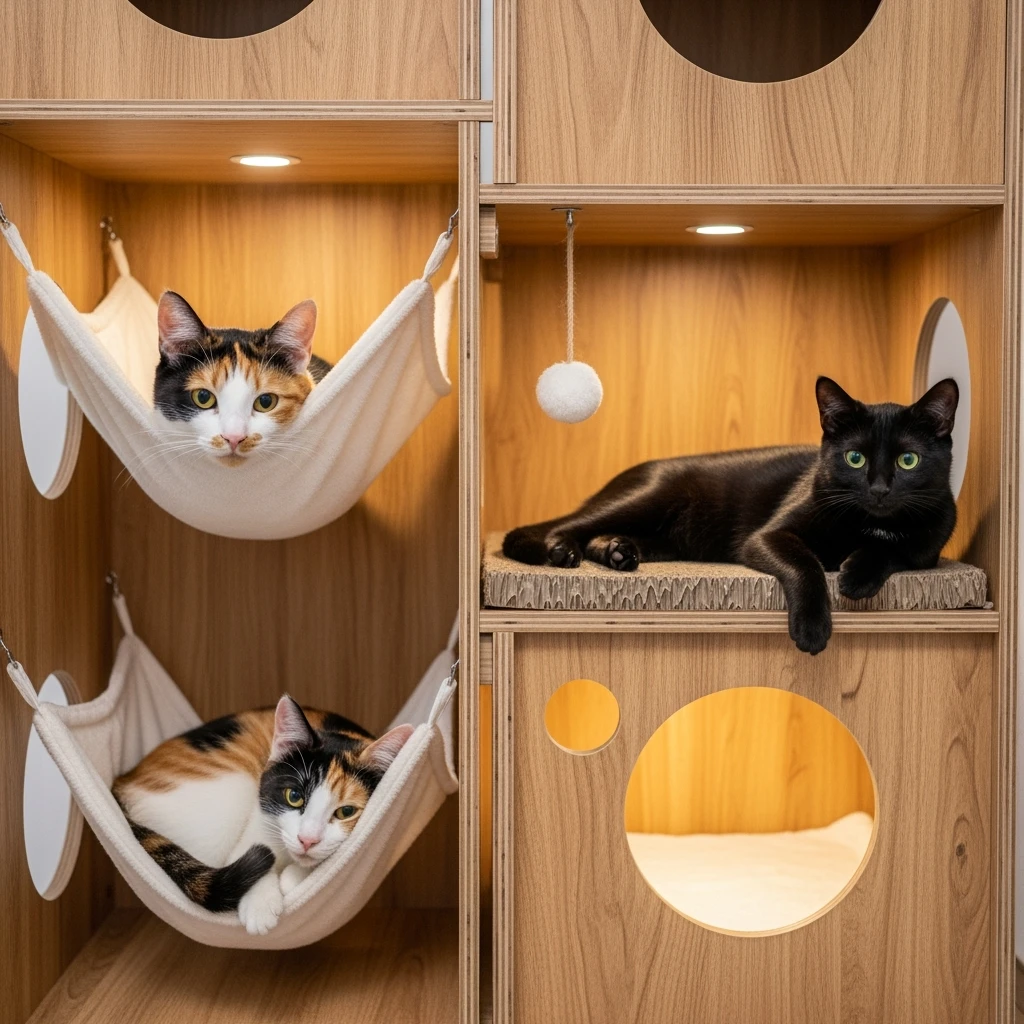 cats relaxing in a vertical playhouse emoji