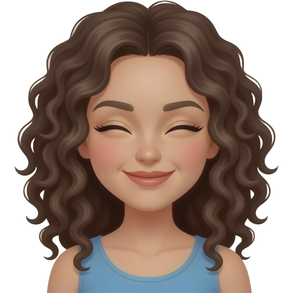 remove the apple and the red bluch of the mackup, make the curly-haired woman winking, make it looks like a memoji from apple emoji