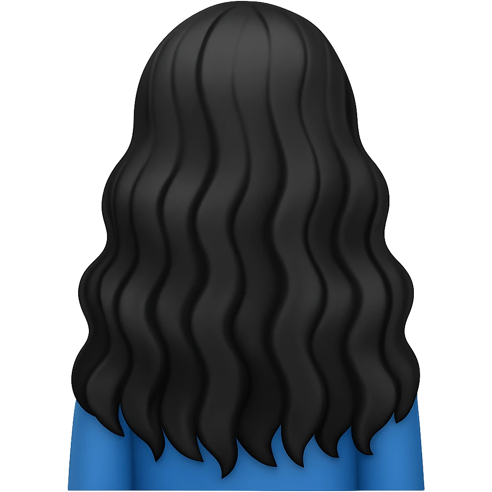 Make the long black hair wavy, keep the back view, in emoji style with no background. emoji
