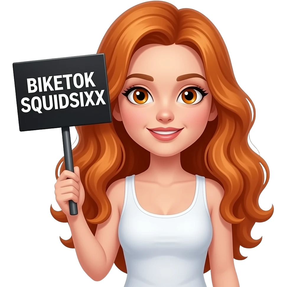 sexy girl with long wavy ginger hair and ginger eyes wearing a white tanktop is holding a black colored sign with BIKETOK SQUIDSIXX written on it emoji