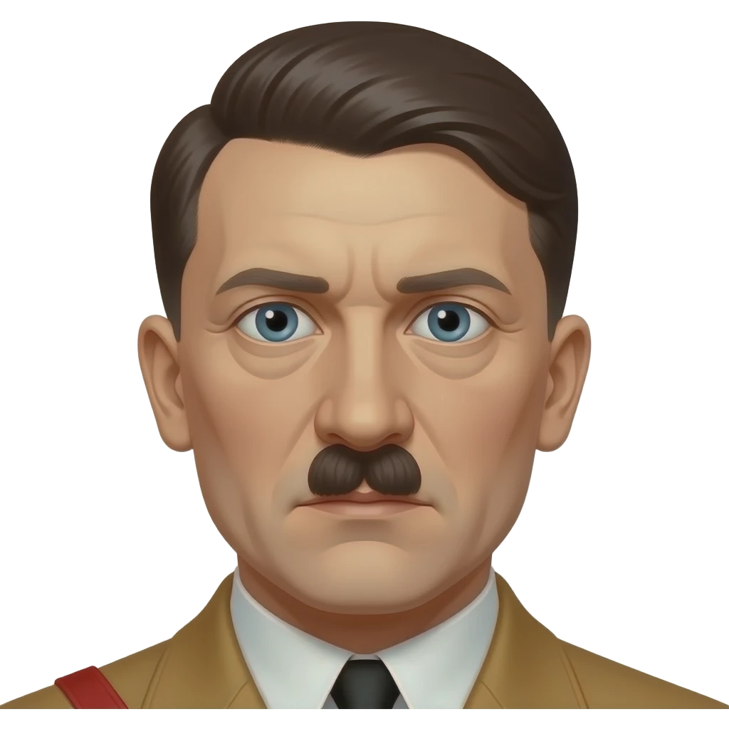 Adolf Hitler was a man of average height with dark brown hair and a pale complexion, often noted for his distinctive toothbrush mustache [25]. He possessed striking, pale blue eyes that many observers described as intense and hypnotic [3, 10]. emoji