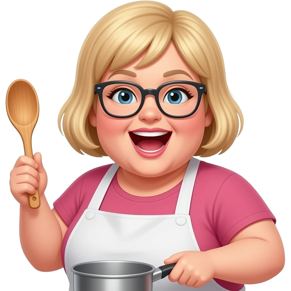 shouts 51 years blondie  some overweight woman cooking, glasses, wooden spoon, buzz cut emoji