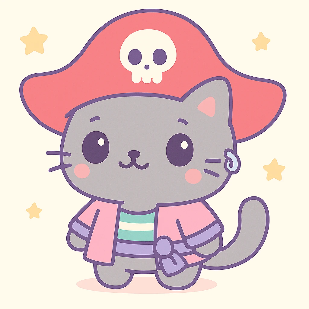 Male pirate cat in kawaii style with an oversized red hat, cute face, gray fur, and a silver earring. emoji