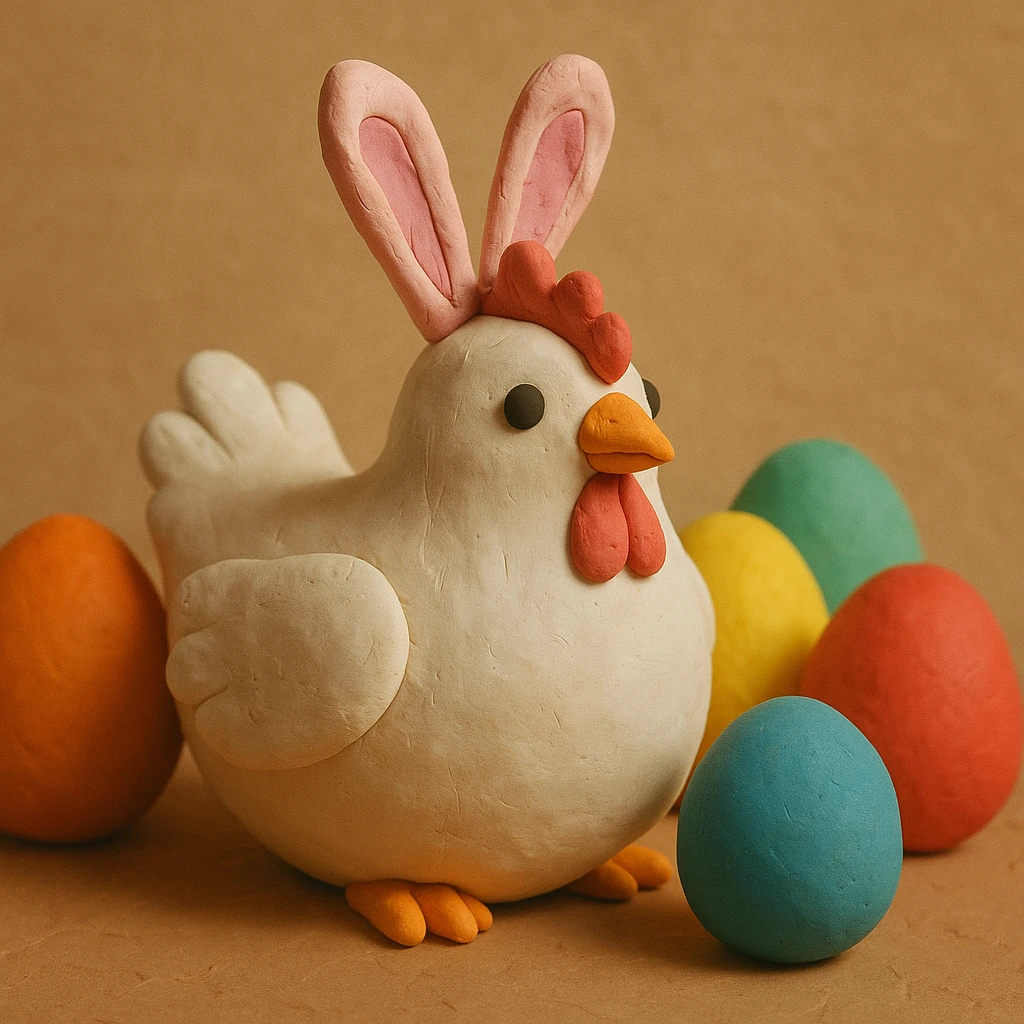 a white hen with pink bunny ears and colourful eggs, 3D claymation style emoji