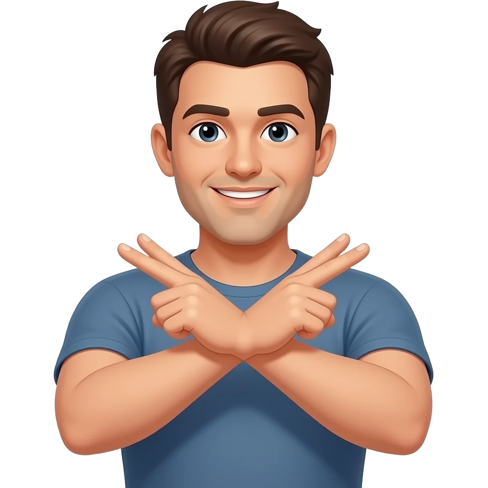 A person making an “X” gesture with their arms crossed in front of their chest, clearly signaling “no” or “stop”. The pose is front-facing, with both arms forming a bold X shape. Neutral background, clear visibility of the gesture, expressive and easy to understand. emoji