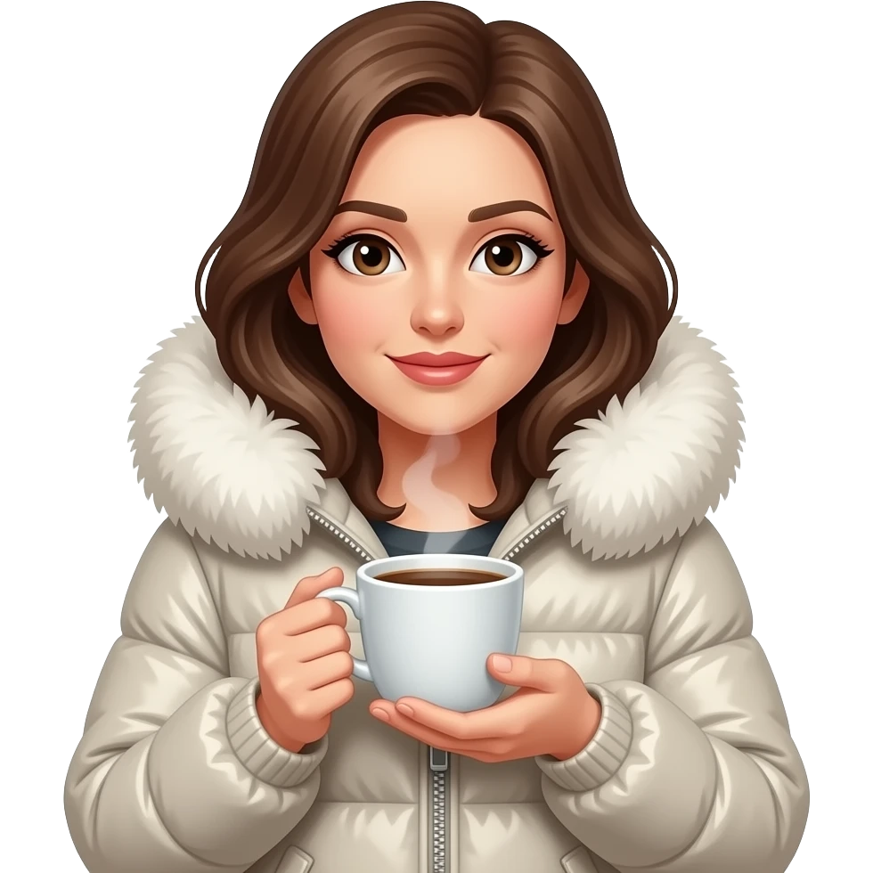 woman in winter luxurious Jacket and Hot Coffee emoji