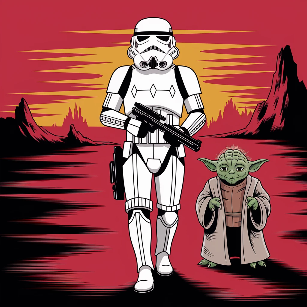 vector art of a Starwars stormtroopers is walking on lava planet with yoda, battleground background 
 emoji