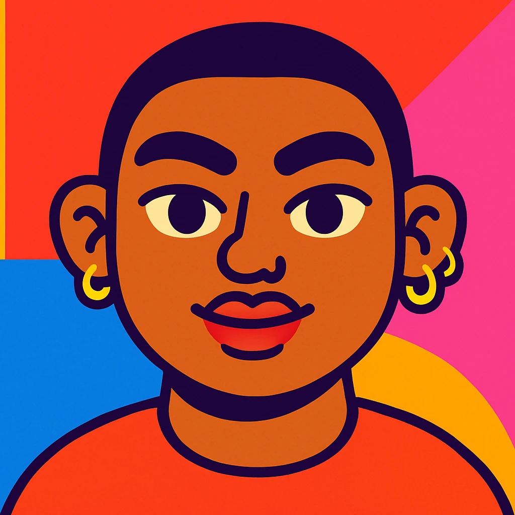 cute cartoon avatar of a person with a round face, big eyebrows, full lips, almond skin tone, wearing a nose pin and three ear piercings emoji