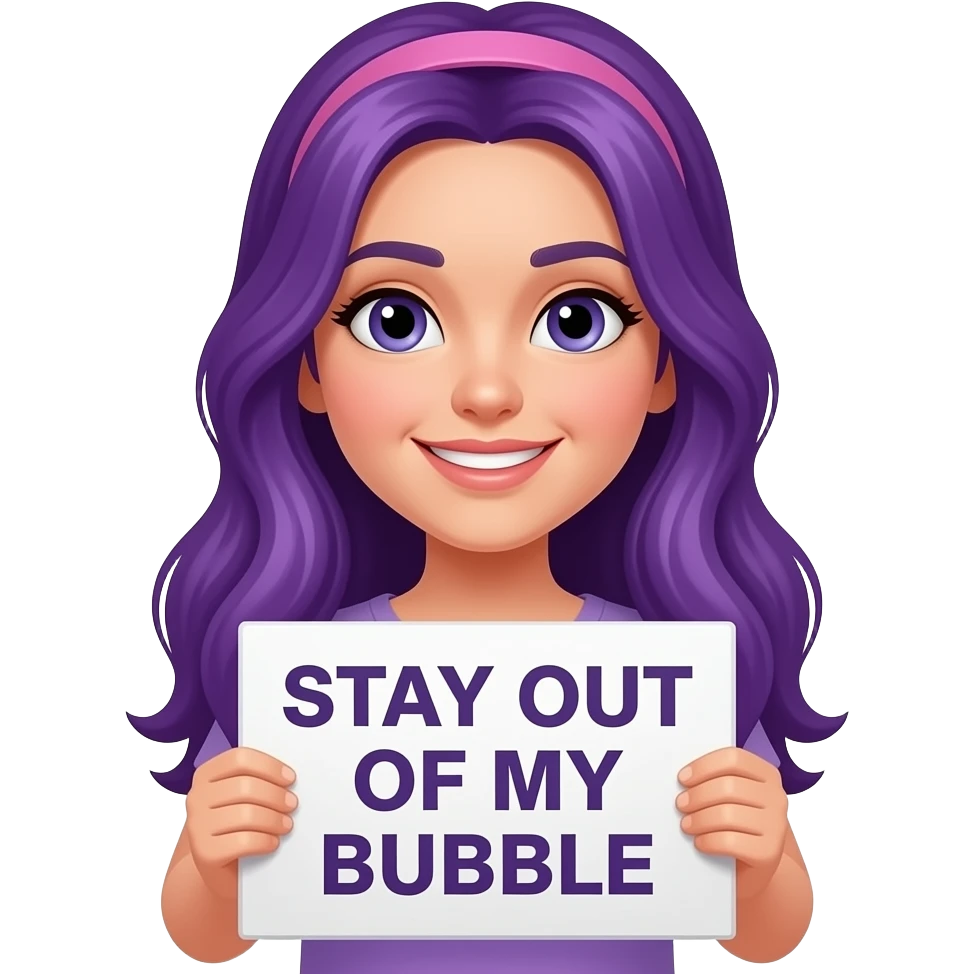 girl with long purple hair with a STAY OUT OF MY BUBBLE sign emoji