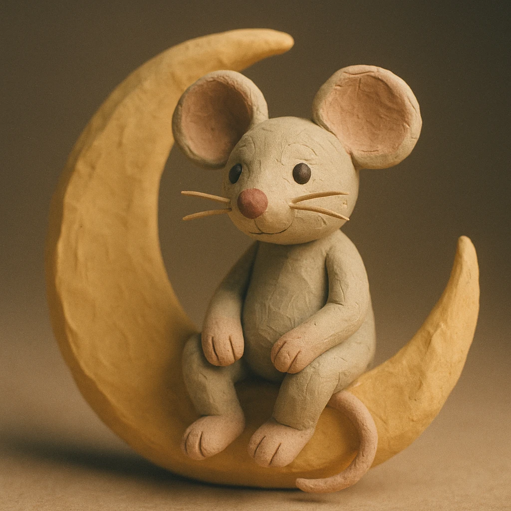A mouse in claymation style with a matte, plasticine texture, visible fingerprints, and pastel colors, sitting on a crescent moon. emoji