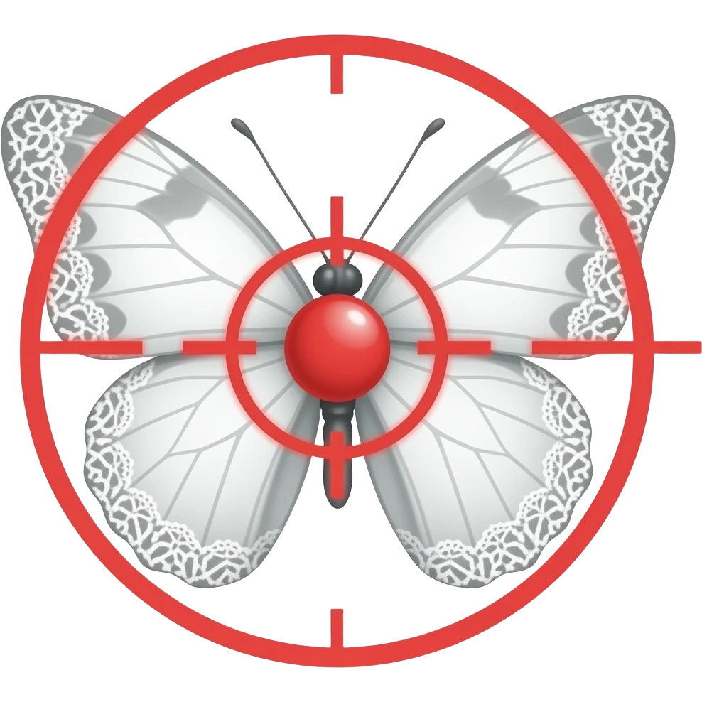 subtle elegant white butterfly, 3D emoji gothic butterfly, white velvet, white filigree, white lace trim, large red sniper crosshair overlay emoji