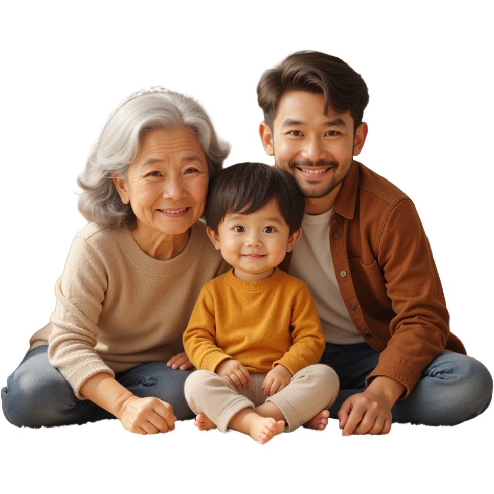 closeup shot of a multigenerational family (grandparents, parents, and child) with realistic facial features and warm lighting in skeuomorphism style emoji